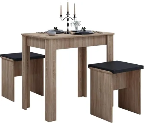 VCM Esstisch Esal L mit 2 Sitzbänken - Tischset für Wohnzimmer, ideal für bis zu 4 Personen, platzsparend mit untergeschobenen Bänken und pflegeleichter Oberfläche in sonoma eiche.