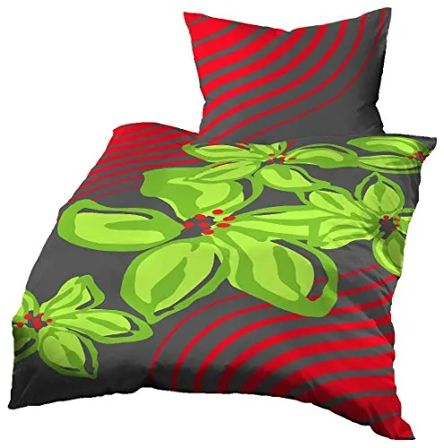 Gerald Wittmann Bettwäsche 140x200 cm + 70x90 cm, Baumwolle Renforce, Blumen Grün Anthrazit Rot