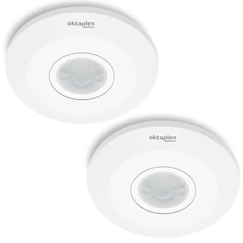 Oktaplex Ina 2er Set Bewegungsmelder Innen - 360° Erfassung - Bewegungsmelder für Innenräume mit 360° Erfassungsbereich und 8m Reichweite. Flaches Design für einfache Deckenmontage, ideal für LED-Leuchten bis 1000 W. Individuell anpassbare Schaltzeit und Dämmerungsschwelle.