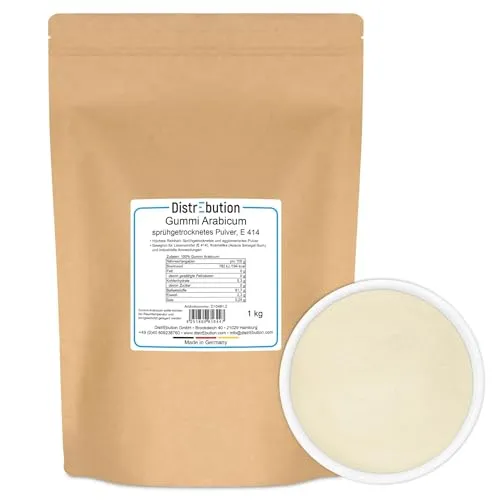 Gummi Arabicum Pulver E 414 - 1kg sprühgetrocknet - 100% reines Gummi Arabicum E 414, ideal als vielseitiger Emulgator und Stabilisator für Lebensmittel und Kosmetik. Exzellente Löslichkeit und perfekte Texturverbesserung für Ihre Produkte.