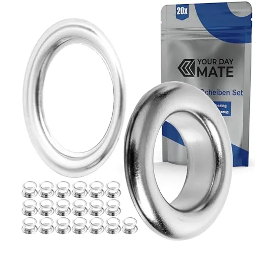 Ösen und Scheiben Set, Ø 14 mm innen, 20 Paare, in Silber, Messing, Kit ohne Zange, Ösen Scheiben für Plane, Bekleidung, Bastelarbeiten, Deko, DIY Tülle, Grommet, Rundring Patches Kordel, Ösenscheiben