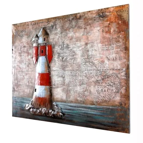 Wandbild 3D-Bild Metallbild Leuchtturm Motiv handgefertigt Relief Kunst Bild Metall handbemalt104x83cm Unikat