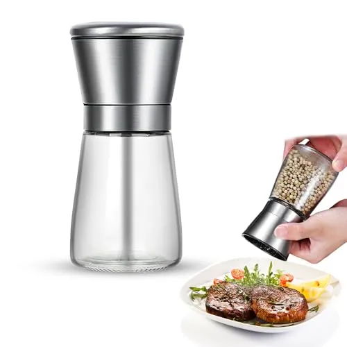 NeutypeChic Salz und Pfeffermühle Set mit,Verstellbarem Keramikmahlwerk, Chilimühle aus hochwertigem Edelstahl und Glas, Mühle für Gewürze, Salz, Pfeffer