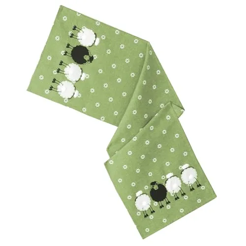 Tischdecke Schwarzes Schaf Ostern Deko Tischwäsche mit Applikation Leinen-Optik Bestickt Osterdeko Gedeckter Tisch Tischdeko Typ885 Tischläufer 40x140 cm grün