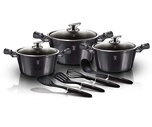 BerlingerHaus Carbon Pro Kochtopf Set 10-teilig - Topf- & Pfannensets mit PFOA-freier Marmor-Antihaftbeschichtung, Turbo-Induktionsboden für schnellere Wärmeübertragung und elegantes Dunkelgrau Metallic-Design.