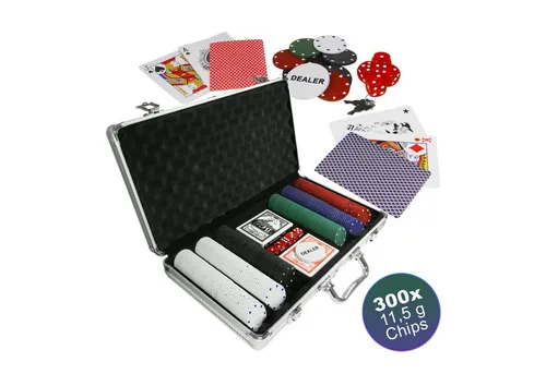 EAXUS Spielesammlung Royal Flush Pokerkoffer - Profi Pokerset mit 300 Chips, ideal für Pokerabende, enthält Black Jack & Texas Hold'em Kartendecks, alles im eleganten Aluminiumkoffer.