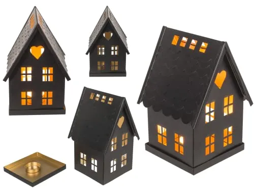 Out of the blue Schwarzes Metall-Deko-Haus für Teelichter, mit Herzfenster, ca. 14 x 13 x 20 cm