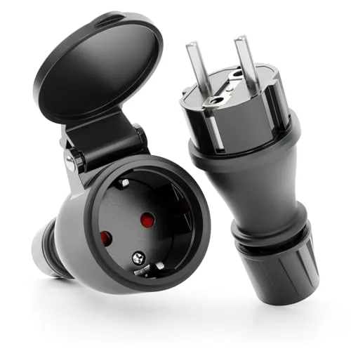 greate Set mit 1 Stück Schutzkontaktstecker + 1 Stück Schuko Buchse IP54 Wasserdicht mit Knickschutz und Zugentlastung 230V 2-polig 16A 3,7kW