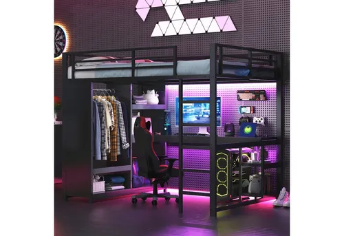 Merax Hochbett (Jugendbett Kinderbett Einzelbett Spielbett, 1-St) Metallbett 140x200cm mit LED Schreibtisch Kleiderschrank Ablagefächern