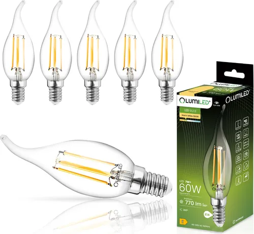 LUMILED BA35 E14 LED Lampe 6 Stück Set 7W (ersetzt 60W) 770 lm Filament Glas Leuchtmittel Kerzenform Windstoß 3000K Warmweiß Lampen 360° Kerze