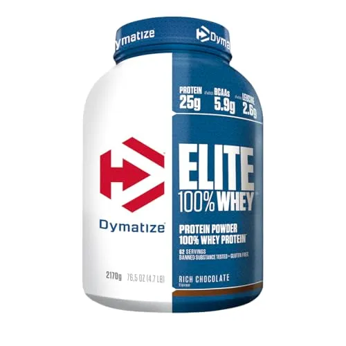 Dymatize Elite 100% Whey Rich Chocolate 2170g - Hochwertiges Proteinpulver mit BCAAs - Protein Shakes & Muskelaufbau: 25g Protein pro Portion, ideal für Training und Muskelaufbau. Zuckerarm, glutenfrei und vegetarisch für bewusste Ernährung.