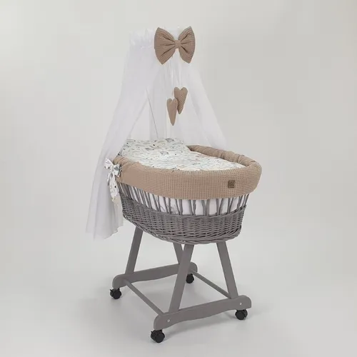 WIKLINOPOL Stubenwagen Lena aus Weide – Babywiege mit Rollen, Matratze, Baldachin & Bettwäsche aus Waffelstoff mit Häschen, handgefertigt, grau Moseskorb