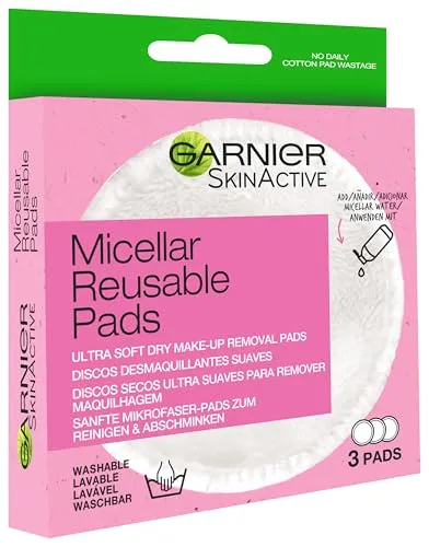 Garnier Waschbare Abschminkpads für gereinigte und weiche Haut, Aus Mikrofaser, Wiederverwendbar, SkinActive Eco Pads, 1 x 3 Stück