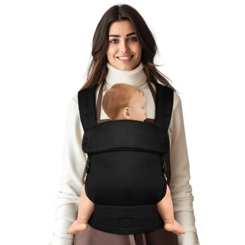 Tuocal Babytrage für Neugeborene bis Kleinkinder, Ergonomische Bequeme und Leichte Tragetuch, Verstellbare Kopf- und Nackenstütze, Verbesserte Lendenwirbelstütze für Babys 4-20 kg 3-36 Monate, Schwarz