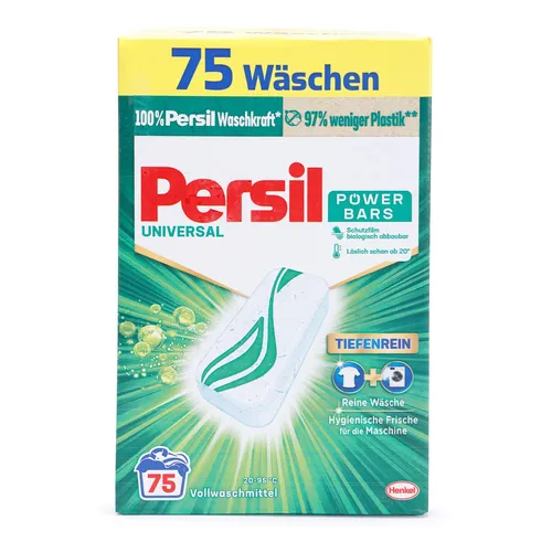 Persil Universal Power Bars - 75 Waschladungen - Vollwaschmittel in nachhaltiger Verpackung, sorgt für strahlend reine Wäsche und entfernt hartnäckige Flecken mit Tiefenrein Technologie.