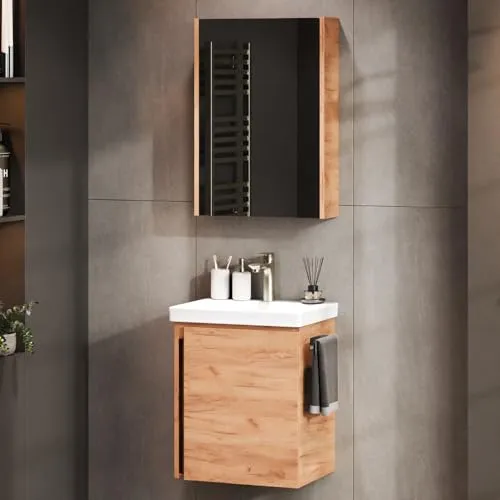 Badmöbel-Set mit Spiegelschrank 50cm Gold Eiche - Elegantes Badmöbel-Set mit Spiegelschrank, 50cm in Gold Eiche, bietet stilvolle Aufbewahrungslösungen und verleiht Ihrem Badezimmer einen Hauch von Luxus.