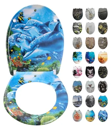 Toilettendeckel mit Absenkautomatik, WC Sitz mit Absenkautomatik Oval Form klodeckel Einfache Reinigung, Abnehmbarer WC-Sitz, 150kg belastbar, einfache Montage – Motiv: Blauer Delfin