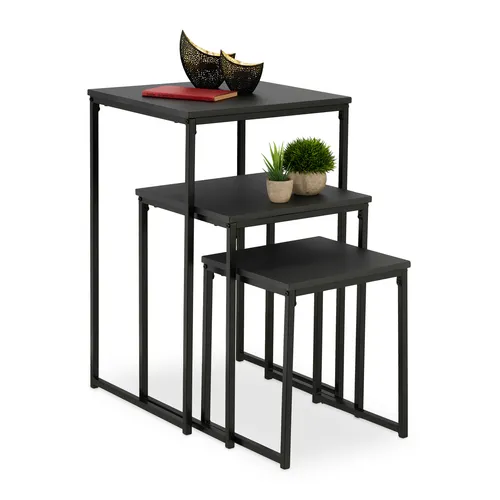 Relaxdays Beistelltisch 3er Set – Stapelbare Satztische in Schwarz - Satztische fürs Wohnzimmer: 3er Set in eleganten Größen, platzsparend und vielseitig einsetzbar für Dekoration, Snacks und Getränke.
