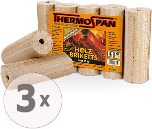 Thermospan Holzbriketts 3x10kg - Brennstoffe: Hochwertige, umweltfreundliche Holzbriketts mit hohem Heizwert von über 4,9 kWh/kg und geringer Restfeuchte unter 10% - ideal für Kaminöfen und Zentralheizungen.