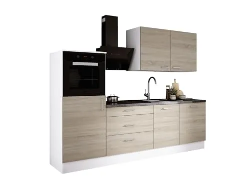 3E 3xE living.com Küchenzeile in Farbe: Weiß/Sonoma-Eiche, A: B: 250 cm, H: 220 cm, T: 60 cm