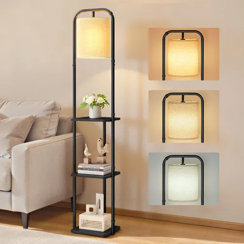 VASAGLE Stehlampe mit 3 Ablagen und LED-Glühbirne - Stilvolle Stehleuchte mit 3 Ablagen und flexibler Lichtfarbe. Ideal für gemütliche Beleuchtung und praktischen Stauraum. Einfache Montage und stabiler Stand.