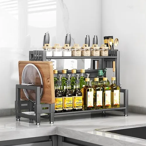 devesanter Gewürzregal Stehend,2 Etagen Großes Fassungsvermögen Gewürzdosen Küchenregal,Metall Organizer für Arbeitsplatte Aufbewahrung mit Schneidebretthalter,Utensilienhalter,mit 6 Haken,grau