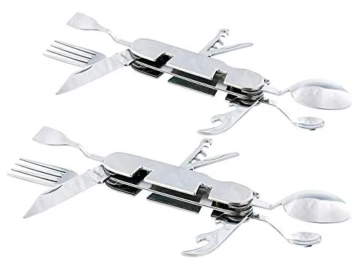 PEARL Messer & Gabel: 2er-Set 9in1-Edelstahl-Klappbestecke für Camping und Outdoor (Taschenmesserbesteck, Outdoor-Essbesteck)