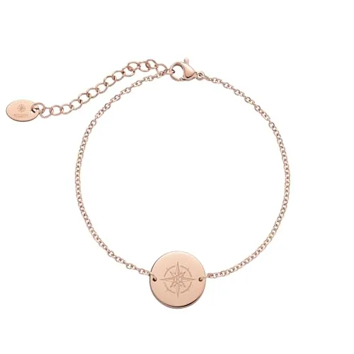 Kistanio Frauen Armband mit Gravur - Moderne Armkette aus Edelstahl mit rundem Coin Anhänger - Verstellbar 16-21 cm lang I Rosegold