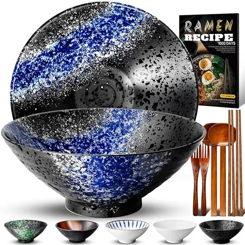 Zoll Keramik Ramen Schüssel 2 Set(9-Teilig) - Japanisches Porzellan Geschirr mit Gabel Essstäbchen Löffel und Rezepte Spülmaschinenfest für Nudeln Suppen Getreide Salate Geschenke für neuen Häusern 8