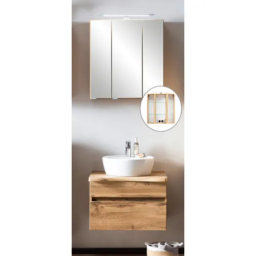 Waschtisch Set VIDAGO-03 mit Spiegelschrank und Waschbecken - Modernes Badezimmer Set mit 61 cm Breite, inklusive Spiegelschrank und Softclose-Waschbeckenunterschrank. Hochwertige Verarbeitung in Eiche Wotan mit stilvollem Design und LED-Beleuchtung.