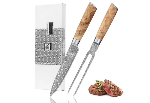 2er Tranchier-Set aus Damaststahl mit Wurzelholzgriffen - Küchenmesser-Set mit 17-18 cm Klingen aus 67 Lagen Damaststahl, ideal zum mühelosen Tranchieren von Fleisch und Geflügel. Perfekte Kombination aus traditioneller Handarbeit und moderner Schmiedekunst.