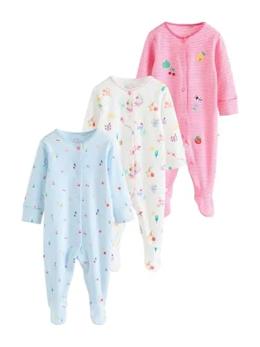 NEXT Baby Mädchen Gerippte Babyschlafanzüge Obst, 3er-Pack Pink/White/Blue 68-74 - Bequeme und stylische Babyschlafanzüge im praktischen 3er-Pack. Ideal für süße Träume und gemütliche Nächte. Hochwertige Verarbeitung für eine angenehme Passform.