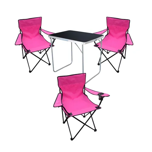 XL 4tlg Camping Set Campingtisch Schwarz + 3 x Campingstuhl Klappstuhl Pink