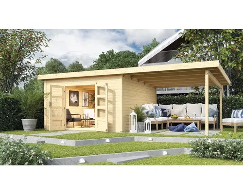 Gartenhaus Karibu Speyer 5 mit Anbaudach - Geräumiges Gartenhaus (724 x 393 cm) aus naturbelassenem Holz mit Pultdach, ideal für Gartenlagerung und Freizeitgestaltung.