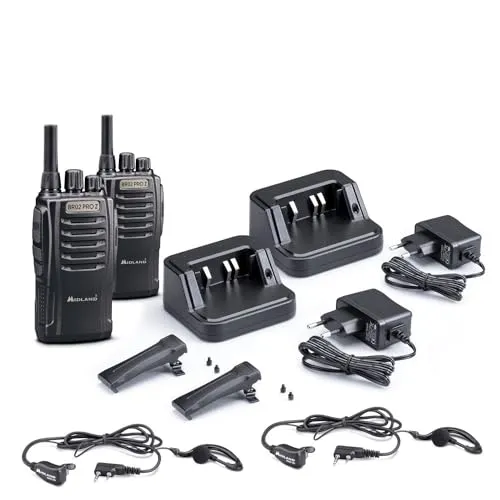 Midland BR02 Pro Z C1524, 2 Radio-Transceiver, professioneller Walkie-Talkie mit 32 Kanälen PMR446, 2 MA-21LKI Kopfhörer, 2 Gürtelclips, 2000 mAh Akkus bis zu 24 Stunden, Schwarz
