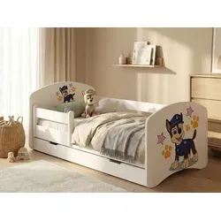 1x Happy Babies Kinderbett mit Rausfallschutz Junge 140x70 Bett für Kinderzimmer mit Schublade Matratze Einzelbett für Kinder Weiß Hundemotiv - Weiß