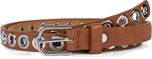 styleBREAKER Damen schmaler Gürtel mit Lochnieten und einfarbiger matter Oberfläche, Vintage Style, kürzbar 03010109, Größe:95cm, Farbe:Cognac