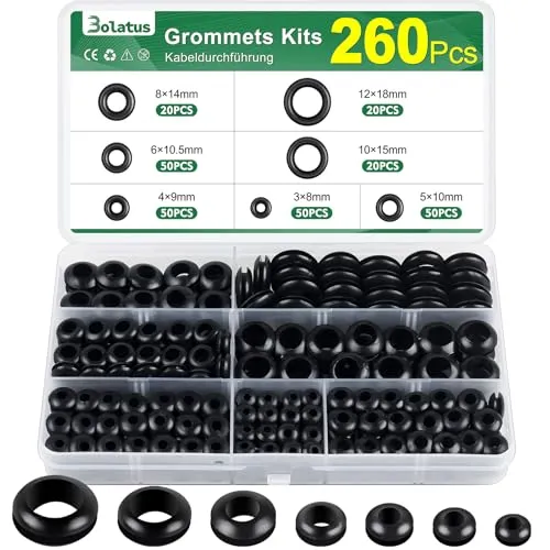 Bolatus Gummi Kabeldurchführung Set, 260 Stück in 7 Größen - Tüllen Set mit 260 hochwertigen Gummi Durchgangstüllen in 7 Größen, ideal zum Schutz und Abdichten von Drähten in Elektroinstallationen und vielseitig einsetzbar.