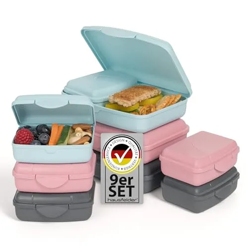 Hausfelder Brotdosen Set flach – Brotdose für Erwachsene und Kinder mit Fächern, Lunchbox Vesperbox 9er Set, BPA-frei spülmaschinenfest (3x 17x12x4cm, 6x 10x7x3,5cm, Schwarz Grau Grün)﻿