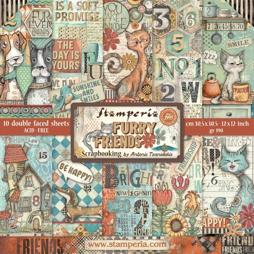 Stamperia Scrapbookblock Furry Friends 30.5x30.5 cm 190 g/qm Bastelpapier