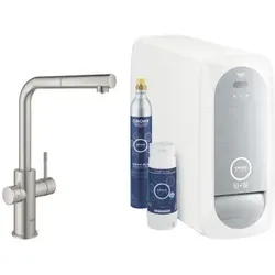 GROHE Blue Home L-Auslauf Starter Kit - Innovative Küchenarmatur - Armaturen mit herausziehbarem Mousseurauslauf, bis 150° schwenkbar, liefert gefiltertes, gekühltes Trinkwasser und lässt sich bequem per Smartphone steuern.