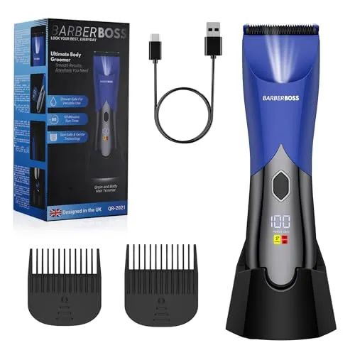 Produktbild BarberBoss Intimrasierer Mann, Körperhaartrimmer für Männer, wiederaufladbarer Schamhaarrasierer, Körperhaartrimmer, sanftes Pflegetool mit Reisesicherung, wasserdichter Intimrasierer