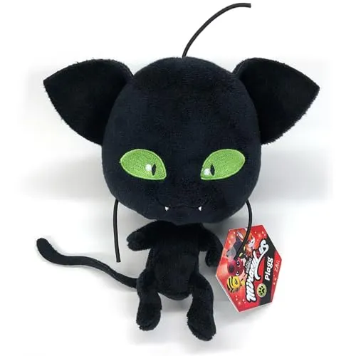 Bandai Miraculous Ladybug Plagg Stofftier 15cm - Weiches Plüschtier aus der Miraculous-Serie, ideal zum Kuscheln und Mitnehmen, mit dem Kwami Plagg, dem Begleiter von Cat Noir. Offizielle Lizenz von Bandai.