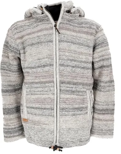 GURU SHOP Gefütterte Strickjacke Modell 10 - Herren Strickjacke aus reiner Schafwolle, gefüttert mit Fleece für mollige Wärme, mit abnehmbarer Kapuze und praktischen Reißverschlusstaschen - ideal für kalte Wintertage.