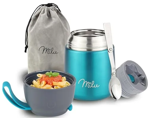 Milu® Thermobehälter für Essen 450ml, Edelstahl Warmhaltebehälter mit Löffel, Thermobecher Essen, Thermo Lunchbox für Kinder, Erwachsene, Thermobox Suppen, Babybrei, Speisebehälter Grün, 450ml