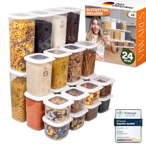 Viwares Vorratsdose Set FOLY 24er - Mix Weiß - Vorratsdosen-Set mit luftdichtem Verschluss, ideal für die trockene Lagerung von Lebensmitteln. Stapelbar und platzsparend, BPA-frei und spülmaschinengeeignet für einfache Reinigung.