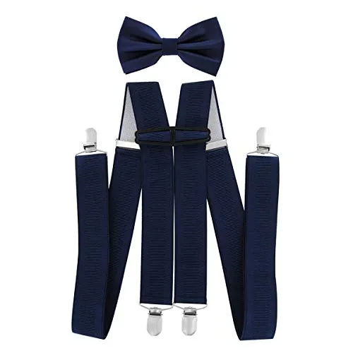 axy Hosenträger mit Fliege set für Herren 4 Stabile Clips H-Form 3,5cm Breit (Schwarzblau)