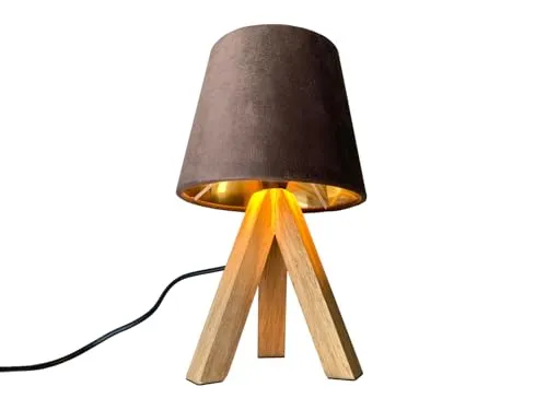 meineWunschleuchte Dreibein Holz Tischlampe 27cm - Kompakte Tischlampe mit elegantem Samtschirm in Braun und Gold, ideal für stimmungsvolle Beleuchtung. Aus natürlichem Holz gefertigt, bringt sie einen Hauch von Natur in Ihr Zuhause.