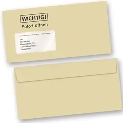TATMOTIVE WICHTIG - SOFORT ÖFFNEN Briefumschläge DIN lang, 250 Stück - DIN lang Briefumschläge mit Fenster und der Aufschrift 'Wichtig - sofort öffnen'. Ideal für Rechnungen und Einladungen, animiert zum sofortigen Öffnen. Enthält 250 Haftklebende Umschläge aus 80 g/qm Offsetpapier.