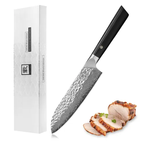 zayiko Kuro Damastmesser Santoku 17 cm – Profi Kochmesser aus 67 Lagen Damaststahl - Kochmesser aus Damaststahl mit 17 cm Klinge, ergonomischem Pakkaholzgriff und einzigartigem Design – ideal für Fleisch, Fisch und Gemüse. Perfekt als Geschenk in edler Geschenkbox!